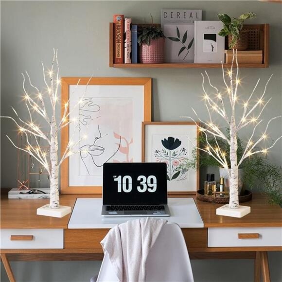 Vanthylit White Birch Tree with LED Lights - Set of 2, Tabletop Tree with - Picture 2 of 7